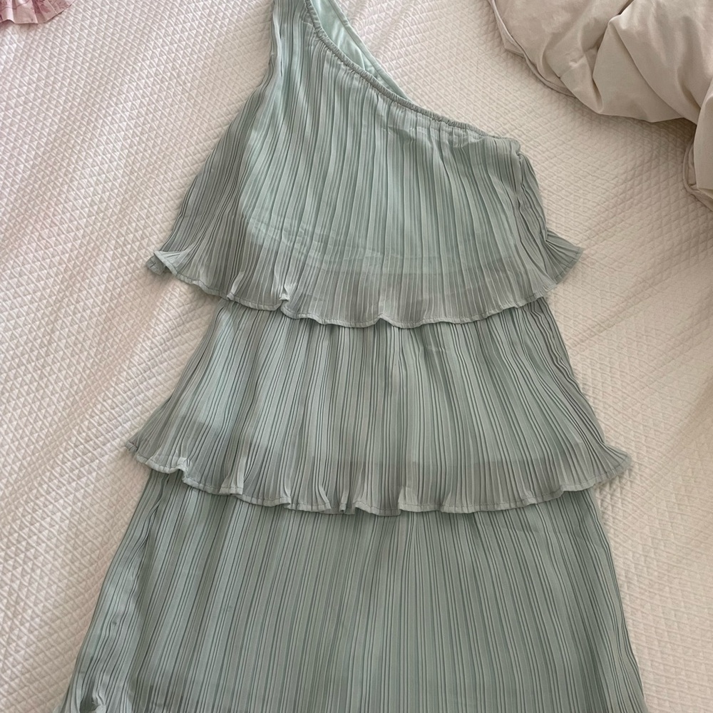 One-Shoulder Tiered Dress in Light Green